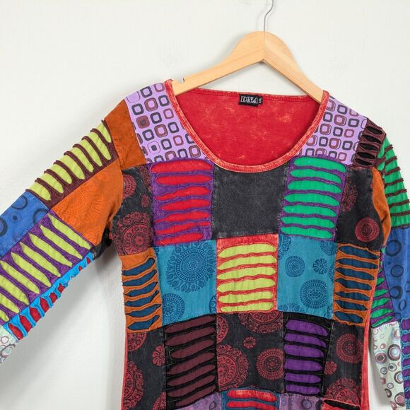 Patchwork Tunic Top L Multi Boho Hippie Colorful Eclectic Y2K Indie Red Blue - Picture 2 of 10